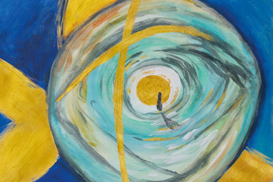 Gemälde in Blau- und Gelbtönen. In der Mitte steht eine kleine Figur vor einem gelben Kreis.