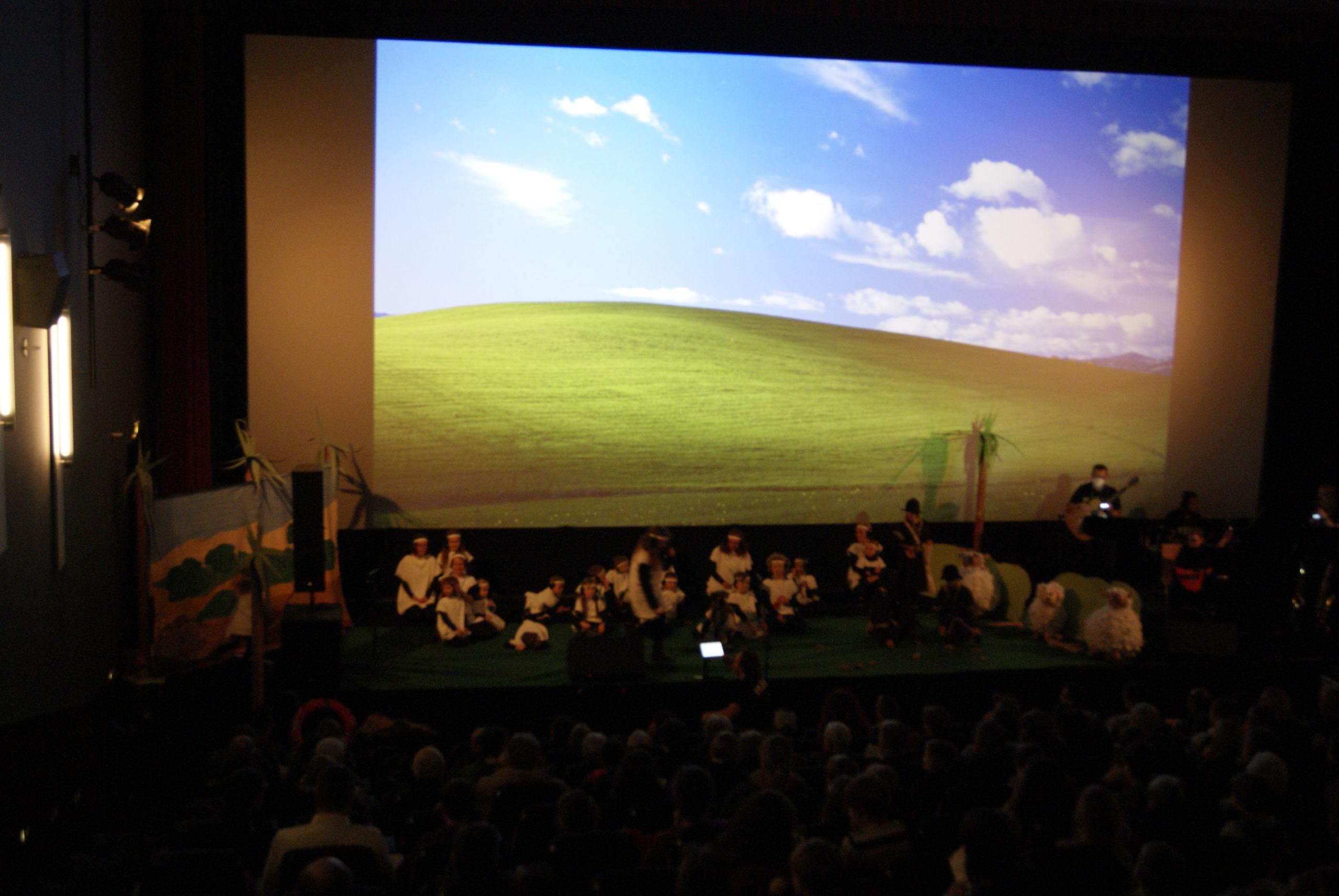 Blick in den Kinosaal: Auf der Leinwand eine grüne Wiese vor einem blauen Himmel. Vor der Leinwand sitzen Schafe und Hirten auf der Wiese.